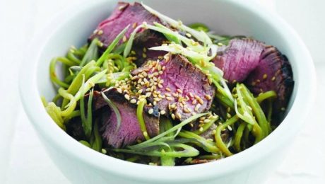 Seared beef with green tea noodles and miso dressing