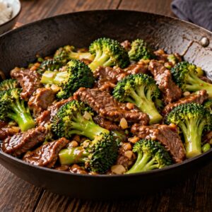 Vită cu broccoli în stil chinezesc, în wok