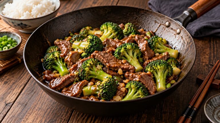 Vită cu broccoli în stil chinezesc, în wok