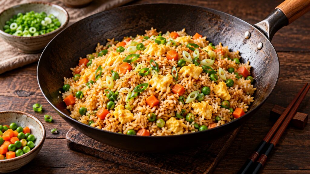 Orez prăjit chinezesc cu ou, mazăre și morcov, în wok