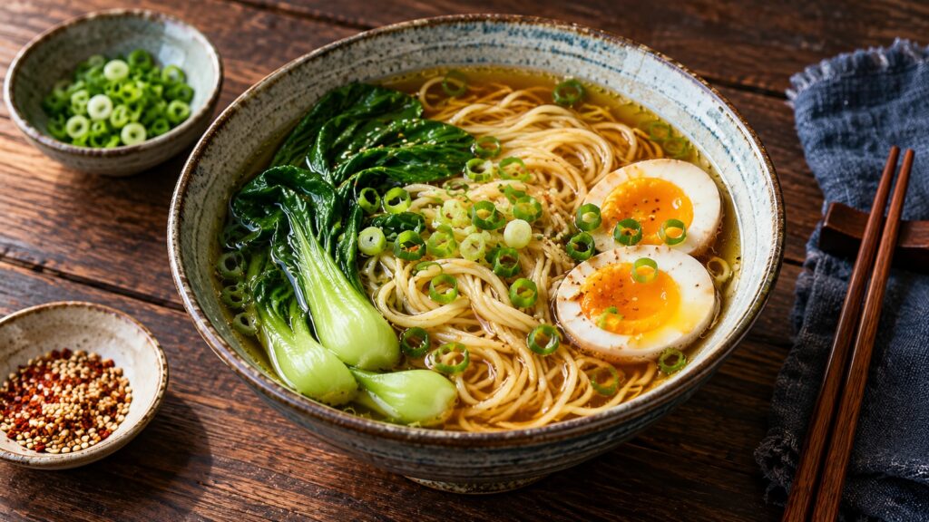 Supă chinezească cu tăiței, bok choy și ou