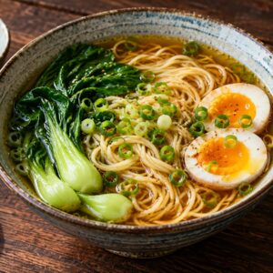 Supă chinezească cu tăiței, bok choy și ou