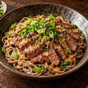 Vită rumenită cu tăiței soba și dressing miso