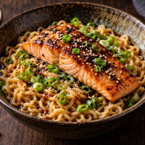 Somon cu tăiței ramen și ceapă verde