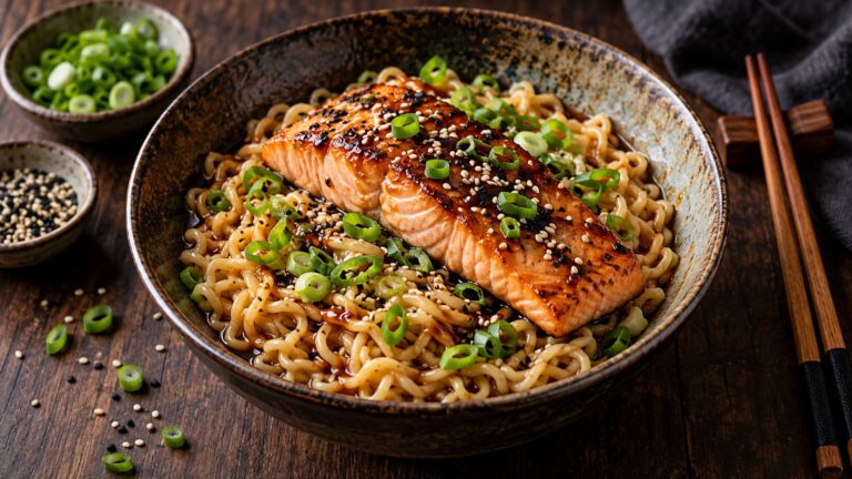 Somon cu tăiței ramen și ceapă verde