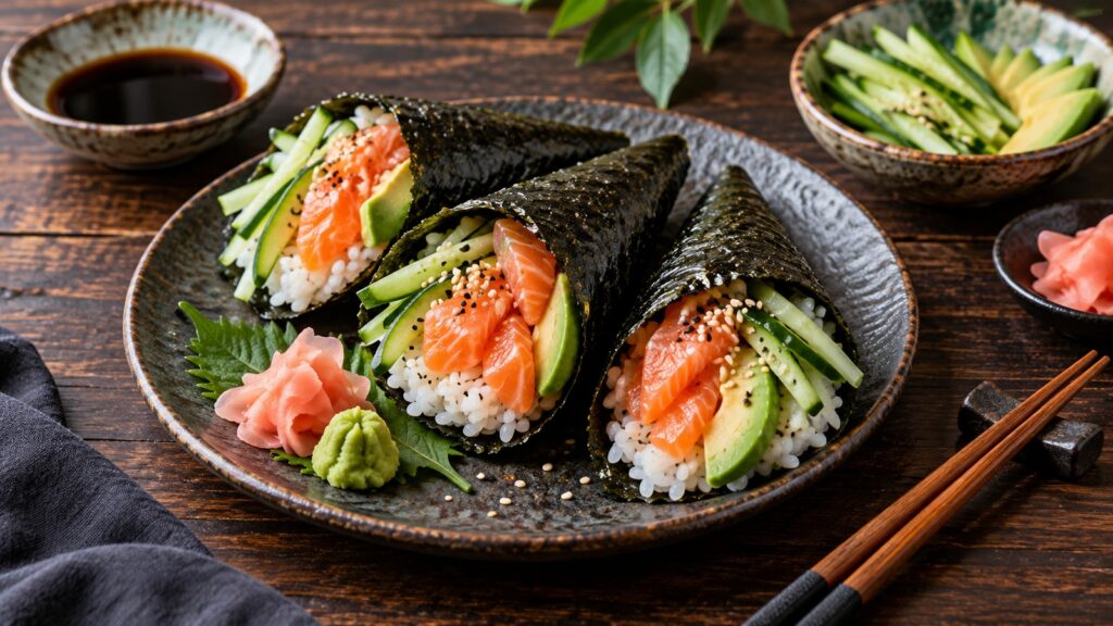 Temaki – conuri de sushi cu somon și avocado