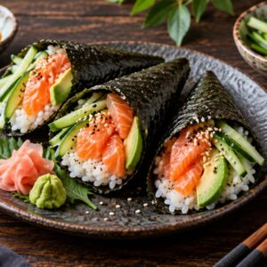Temaki – conuri de sushi cu somon și avocado
