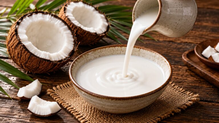 Lapte de cocos turnat într-un bol, lângă nucă de cocos