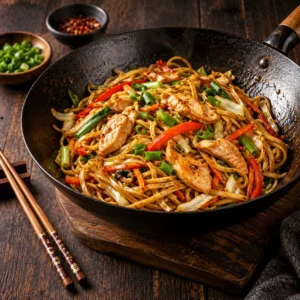 Tăiței chow mein cu legume și pui în wok
