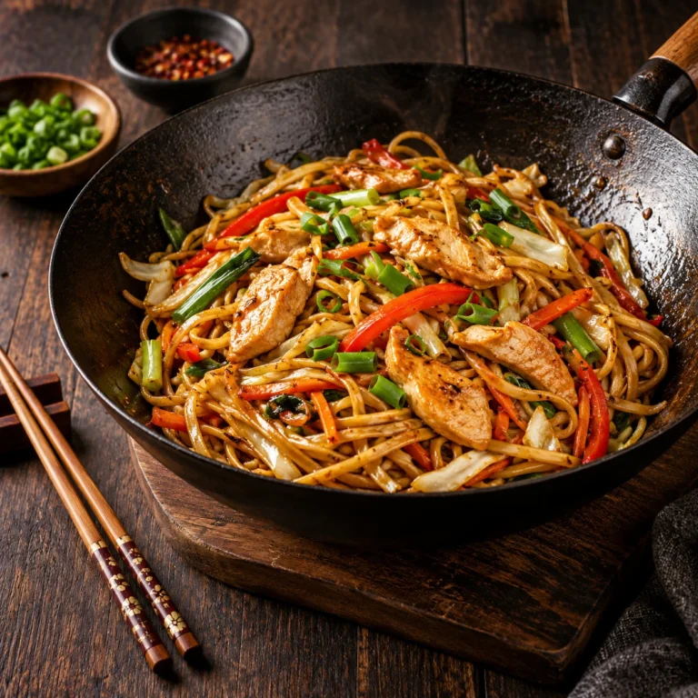 Tăiței chow mein cu legume și pui în wok