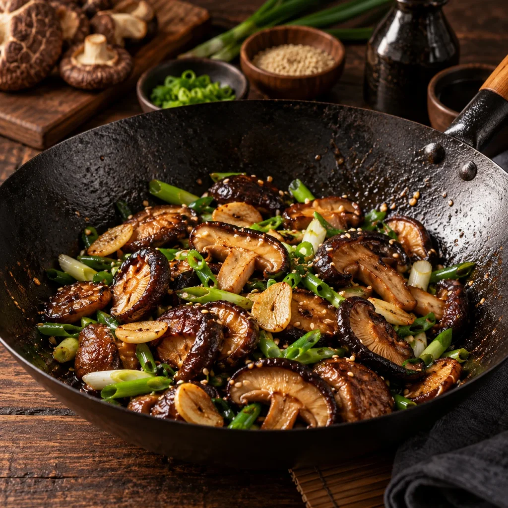 Ciuperci shiitake rumenite la tigaie în wok, cu usturoi, ceapă verde și susan