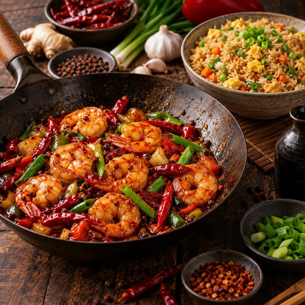 Creveți la wok în sos Szechuan, cu orez prăjit