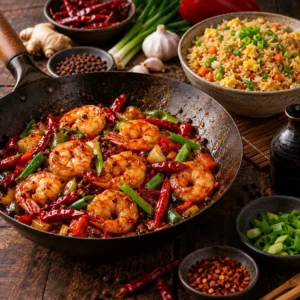 Creveți la wok în sos Szechuan, cu orez prăjit