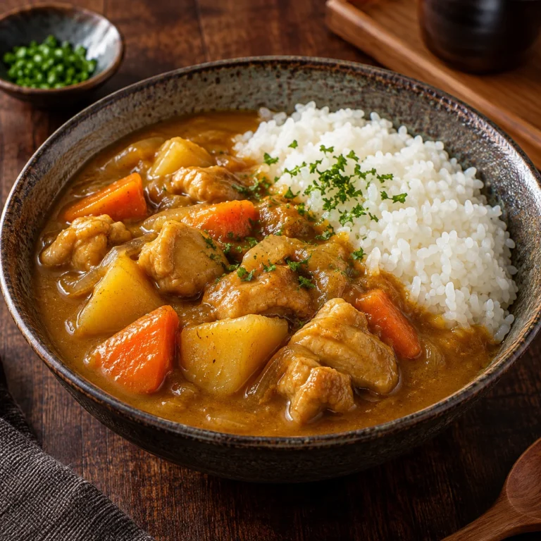 Curry japonez cu pui, cartofi și morcovi, cu orez alb