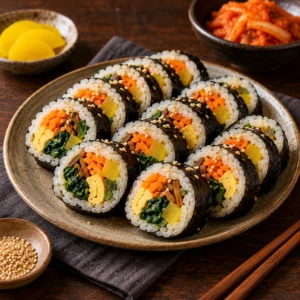 Rulouri de kimbap coreean tăiate felii