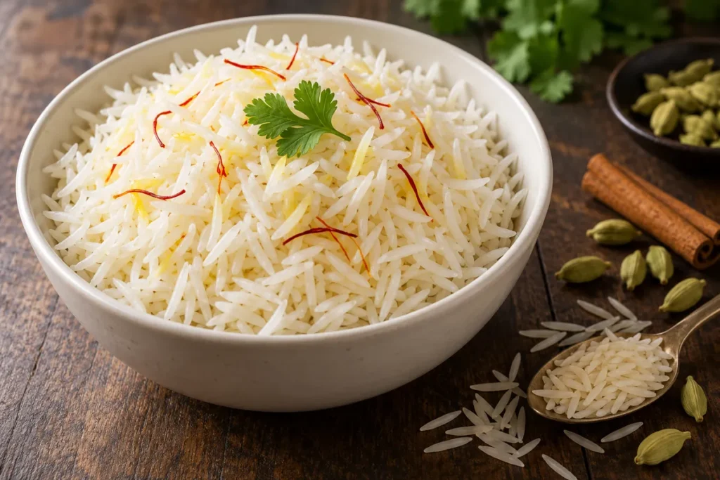 Orez basmati fiert, cu boabe lungi și separate, cu șofran
