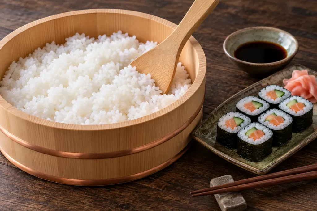 Orez pentru sushi în vas de lemn, cu rulouri maki și sos de soia