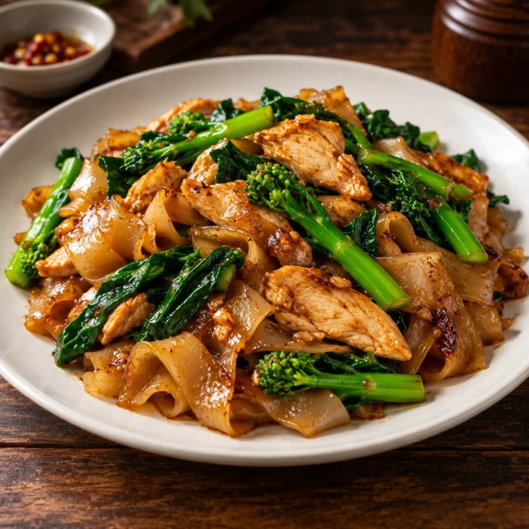 Pad see ew: tăiței de orez lați prăjiți la wok cu pui și broccoli chinezesc