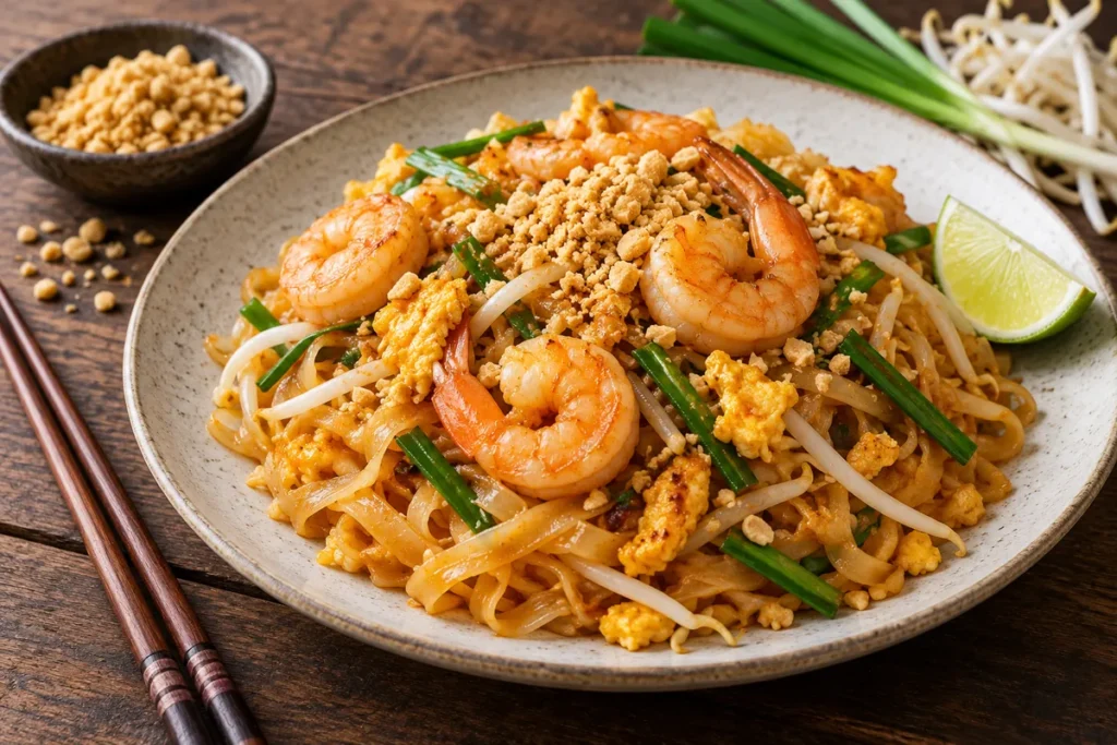 Pad thai cu creveți, arahide, muguri de fasole și lime