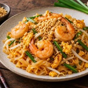 Pad thai cu creveți, arahide, muguri de fasole și lime