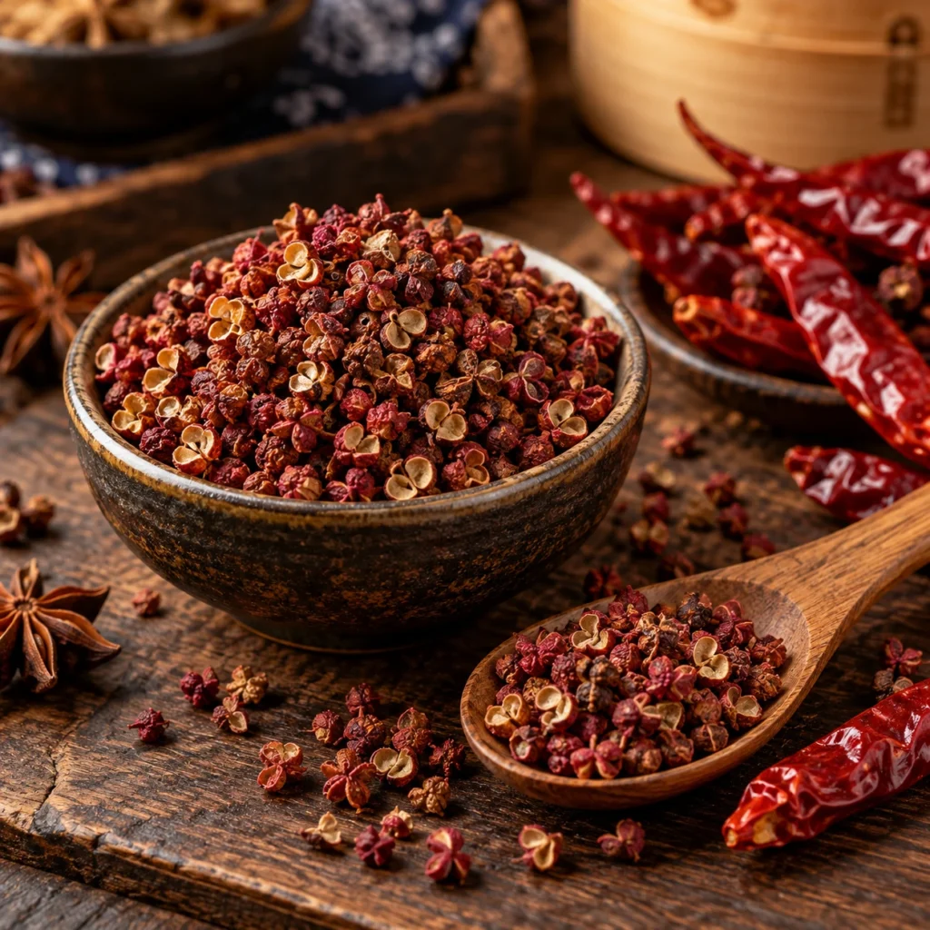 Boabe de piper Sichuan roșu într-un bol și într-o lingură de lemn