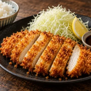 Pui katsu în pesmet panko tăiat fâșii, cu varză, orez și sos tonkatsu