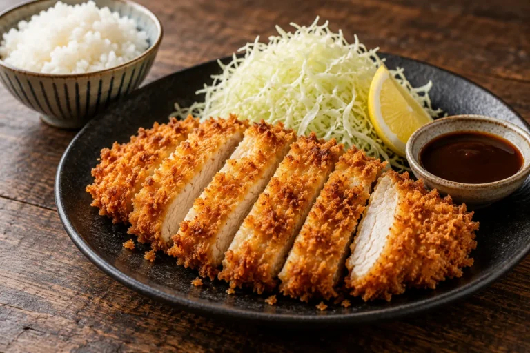 Pui katsu în pesmet panko tăiat fâșii, cu varză, orez și sos tonkatsu