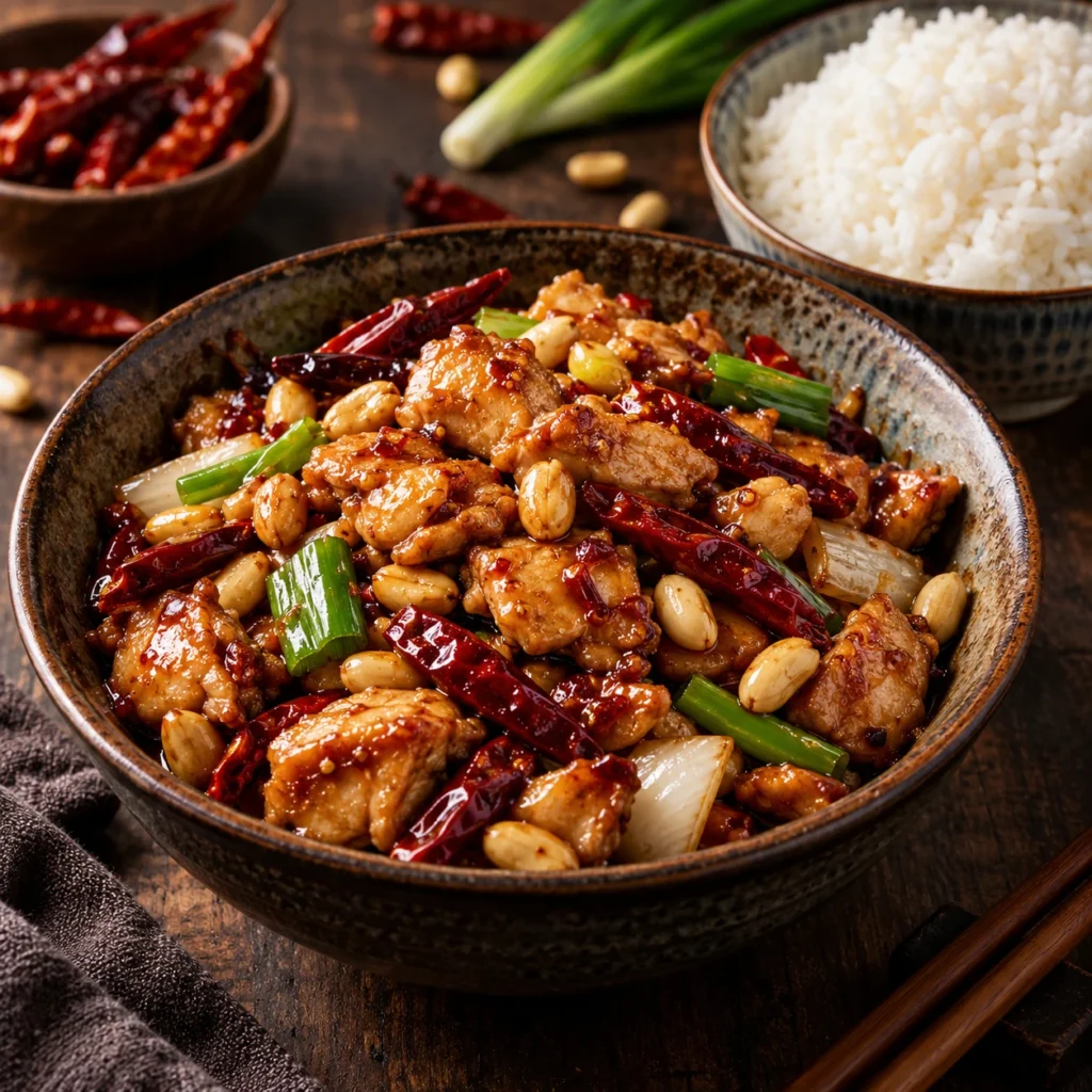 Pui Kung Pao la wok cu arahide, ardei iuți uscați și ceapă verde