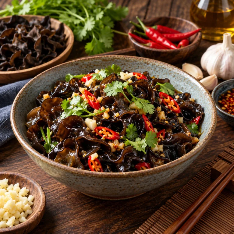 Salată chinezească rece cu ciuperci urechi de lemn, usturoi, ardei iute și coriandru