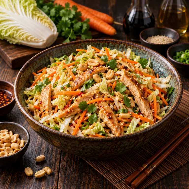 Salată chinezească cu pui, varză, morcov și arahide