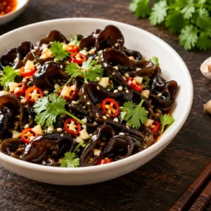 Salată rece chinezească cu ciuperci urechi de lemn, usturoi și ardei iute