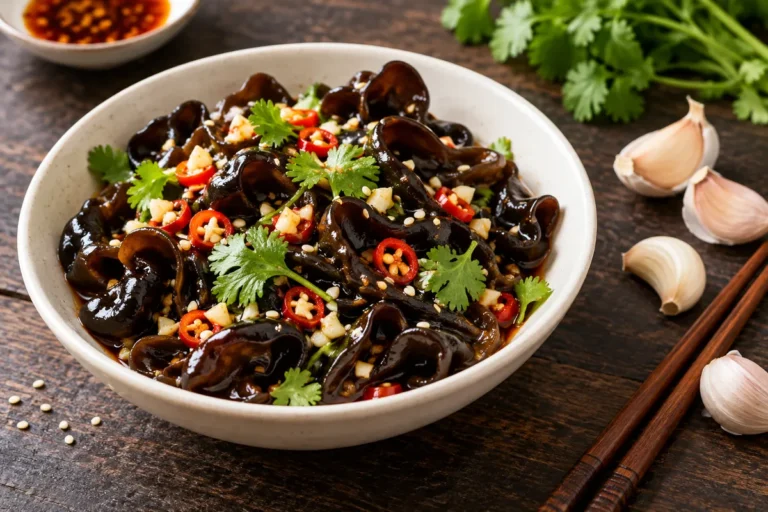 Salată rece chinezească cu ciuperci urechi de lemn, usturoi și ardei iute