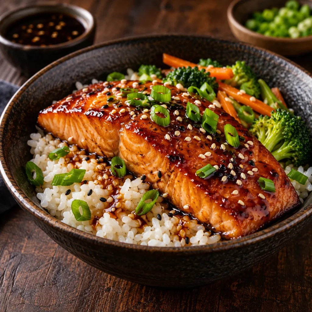 Somon teriyaki glazurat cu susan și ceapă verde, pe orez