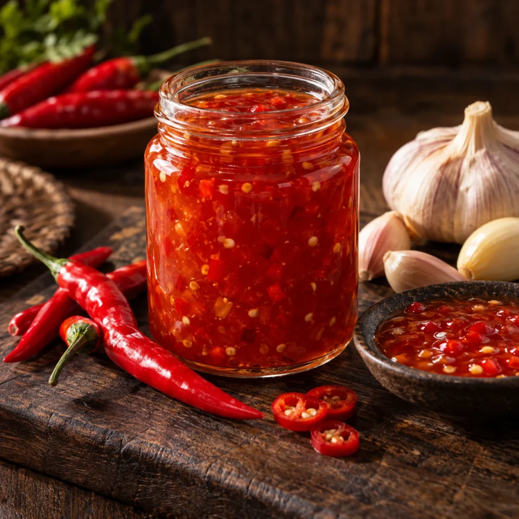Borcan cu sos sweet chilli de casă, ardei iuți roșii și usturoi