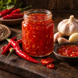 Borcan cu sos sweet chilli de casă, ardei iuți roșii și usturoi