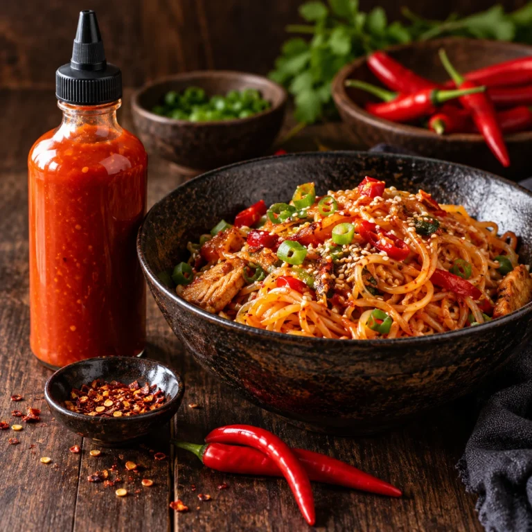 Sticlă de sos sriracha lângă un bol de tăiței și ardei iuți roșii