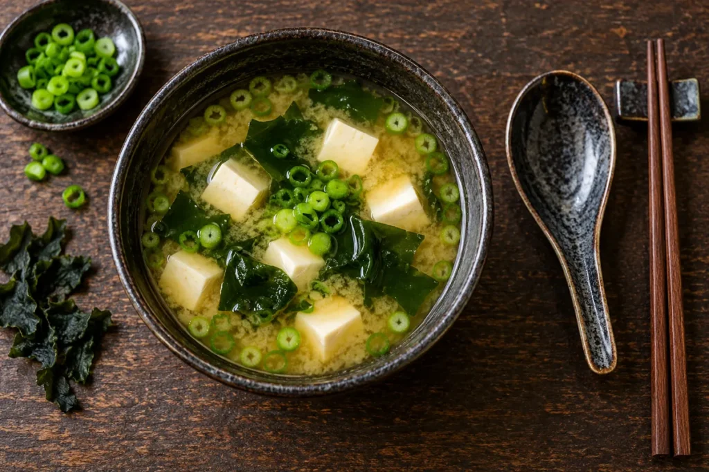 Supă miso de casă cu tofu, alge wakame și ceapă verde