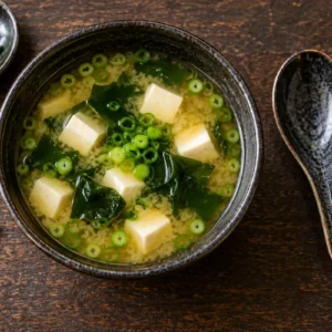 Supă miso de casă cu tofu, alge wakame și ceapă verde